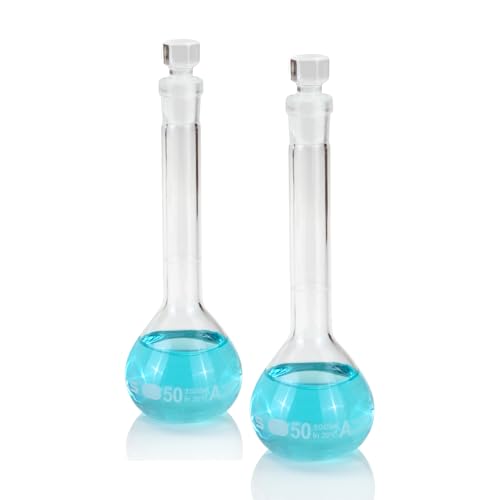 50 ml Volumetric Flask,Clear,3.3Borosilicate Glass,Class A,NS12/14 Glass Stopper,Laboratory Project (Pack of 2) - color: Clear, size: 50ml