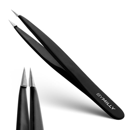 Pointed Tweezers | High Carbon Stainless Steel Needle Nose | Fine Point Precision Hair Removal | Perfectly Aligned & Hand-Filed Sharp | Black - color: Black