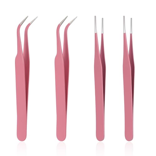 Craft Tweezers Precision Tweezers Set, 4 PCS Multipurpose Straight and Curved Tip Tweezer Anti Static Stainless Steel of Tweezer for Electronics, IndustrialTweezer for DIY Jewelry Making, Rose Pink