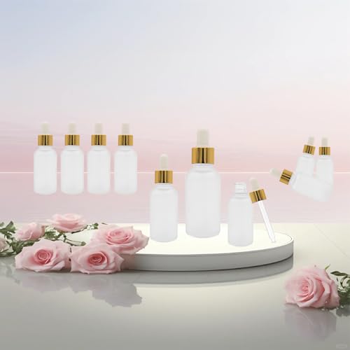 12 Pack,Clear Frosted Glass Dropper Bottle for Essential Oils,Empty Glass Liquid Holder With Glass Eye Dropper,Golden Caps Travel Perfume Cosmetic Container-Pipette&Funnel included (30ml/1oz) - color: Clear Frosted, size: 1 Ounces