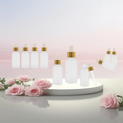 12 Pack,Clear Frosted Glass Dropper Bottle for Essential Oils,Empty Glass Liquid Holder With Glass Eye Dropper,Golden Caps Travel Perfume Cosmetic Container-Pipette&Funnel included (30ml/1oz) - color: Clear Frosted, size: 1 Ounces