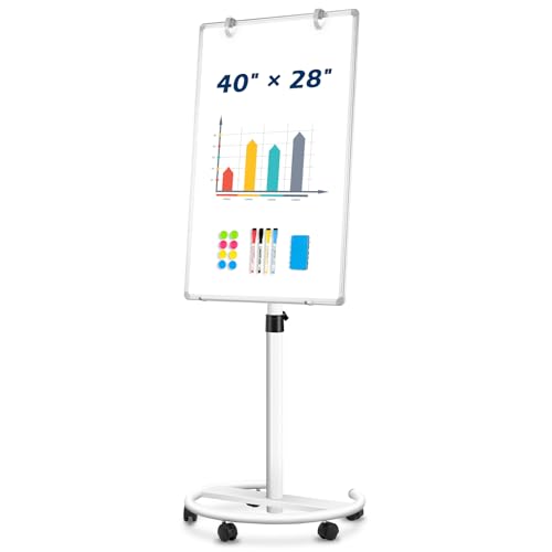 Magnetic Mobile Whiteboard, 40"x28", Height Adjustable Flip Chart Easel - color: Rolling, size: 28"W x 40"H