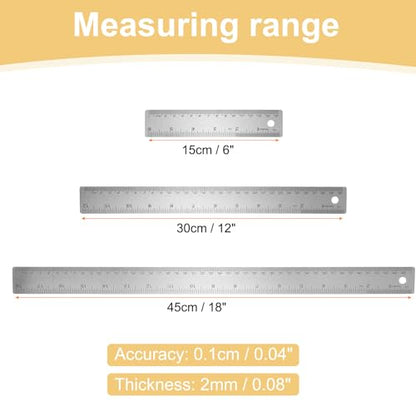 HARFINGTON 3pcs Stainless Steel Metal Ruler 15/30/45cm Straight Edge with Cork Backing Non-Slip Inch Metric Metal Ruler for Classroom Office Home Drafting Tools - size: 15/30/45cm