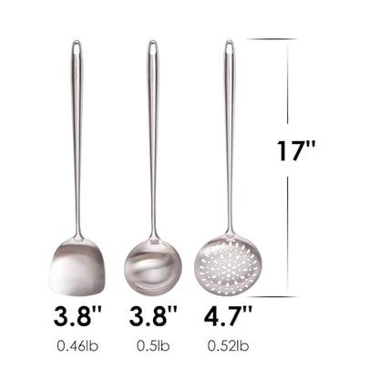 17″ Wok Spatula and Ladle, Skimmer Spoon - 304 Stainless Steel Wok Tool Set - color: 3-Pieces