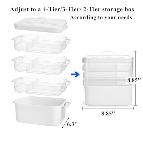 Tebery 4 Tier Plastic Craft Storage Organizer, Clear Stackable Arts Supply Box with Removable Tray, Portable Bead Jewelry Sewing Tool Container Case with Handle, Ideal for Home Studio Travel