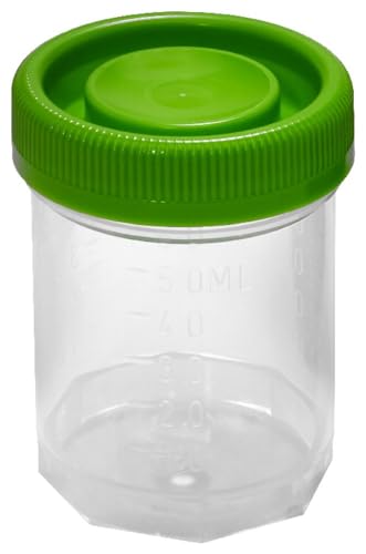 Caplugs Evergreen 222-5601-G8I – Sterile Specimen Containers, 100 Pack, 60 mL (2 oz), Natural Polypropylene Co-Polymer Vials with Green Polyethylene Screw-On Cap, Leak Resistant Closure, Storage