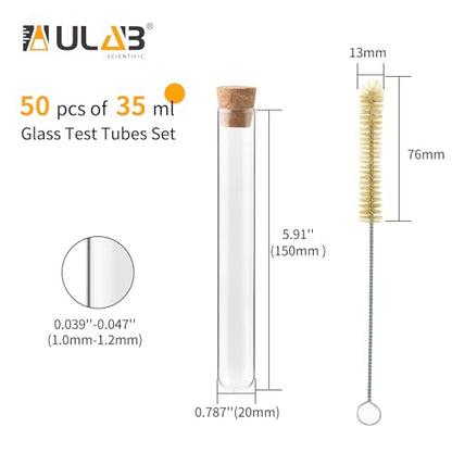 ULAB Scientific 50pcs 35ml Round Bottom Glass Test Tubes Set, 3.3 Borosilicate Glass, Dia.20x150mm, Packed with Stoppers and Brush, UTT1023 - style: 50pcs 35ml Glass Test Tubes with Stopper and Brush