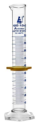 Graduated Cylinder, 100mL - ASTM, Class A Tolerance ±0.50mL - Protective Collar, Hexagonal Base - Blue Graduations - Borosilicate 3.3 Glass - Eisco Labs - size: 100mL