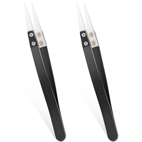 2pcs Ceramic Tweezers Stainless Steel Ceramic Precision Tweezers for Electronics, Non-Conductive Anti Static High Temperature Resistant Fine Point Tweezers for Precision Electrical Operation Black