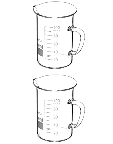 QWORK Beaker with Handle, 100ml Measuring Cup, Borosilicate Glass,Beaker Mug with Pouring Spout, 2 Pack - size: 100 ml (Pack of 2)