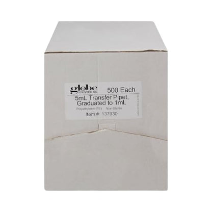 Globe Scientific Transfer Pipet, 137030-500, 5.0mL Capacity, Large Bulb, Non-Sterile, Graduated to 1mL, 145mm Length, Bulb Draw - 3.4mL, 500/Box