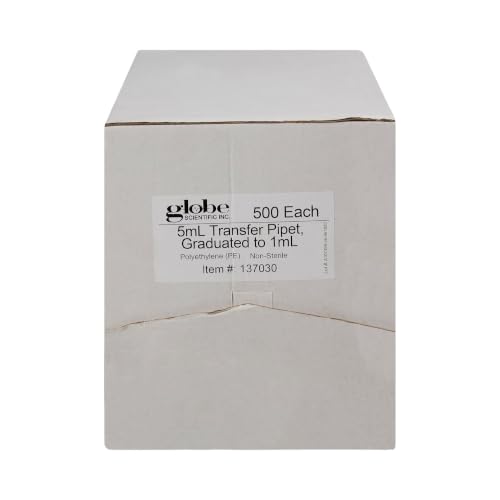 Globe Scientific Transfer Pipet, 137030-500, 5.0mL Capacity, Large Bulb, Non-Sterile, Graduated to 1mL, 145mm Length, Bulb Draw - 3.4mL, 500/Box