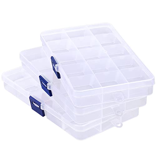 Fake Nail Storage Box, 3PCS 15-Grid Rhinestone Organizer Case with Divider, Clear Plastic Empty Container for Art Craft Sewing Screw Rock Collection Fishing Tackle, Bead Jewelry Display Holder - color: 3PCS-Blue Buckle, size: Small-6.7” x 3.7“