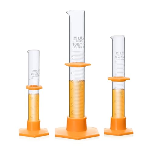 ULAB Measuring Cylinder Set,one Each of vol.25, 50,100ml, 3.3 Borosilicate Glass Material, with Plastic hex Base,Class B,UMC1008 - style: 25ml 50ml 100ml