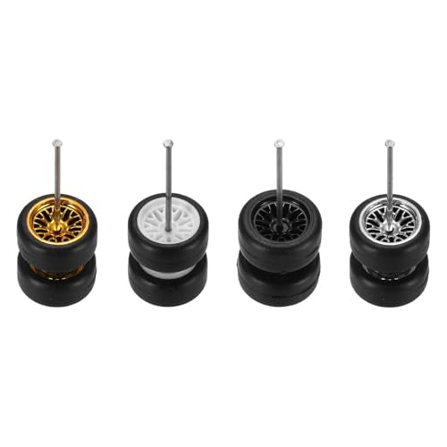 MECCANIXITY 4 Set 1/64 Wheels and Tires Set, Real Riders Rims Includes Axles for RC Diecast Car DIY Model, Branch Gold Silver Black White Rims 11 x 5.4mm