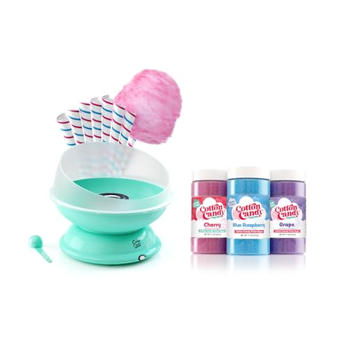 Cotton Candy Express BB1000-S Cotton Candy Machine, with 3-11oz. Jars of Cherry, Grape, Blue Raspberry Floss Sugar & 50 Paper Cones. Easy to Use and Clean. Nostalgia and Fun for Kids and Adults - color: Teal Machine with 3 Flavors