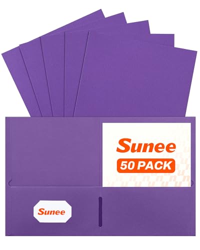 SUNEE Folders with Pockets, 50 Pack File Folders with Business Card Slot, Textured Paper, Fit Letter Size Paper, Paper File Folder for School Office Home Business, Purple - color: Purple