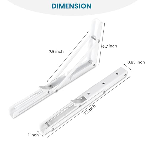 2 Pcs Folding Shelf Brackets,Heavy Duty Metal Collapsible Shelf Bracket for Benchfor WorkbenchShelf Hinge Wall Mounted Space Saving DIY Bracket,with Screws. (White, 12 Inch) - color: White, size: 12 Inch