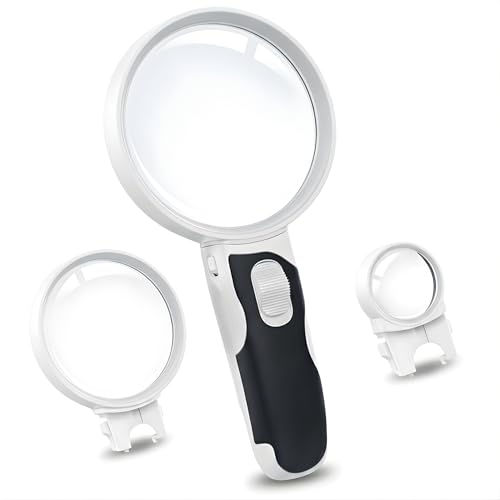 Lighted Magnifying Glass with 3 Interchangeable Lenses (2.5X, 6X, 16X) – Dual LED Handheld Magnifier for Reading Small Print, Books, Coins & Inspection – Ideal for Seniors & Low Vision - style: Interchangeable