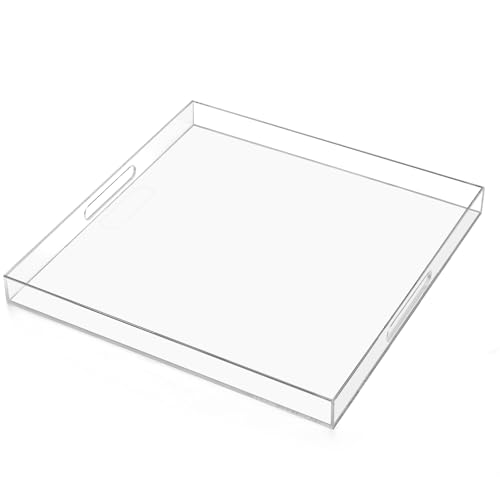 Clear Acrylic Serving Tray 17×17 inches Large Decorative Ottoman Tray with Cutout Handles Organizer Tray on Coffee Table Countertop Big Breakfast Bed Tray Living Room Appetizer Sevring Food and Drink - color: Clear, size: 17" x 17" x 2"