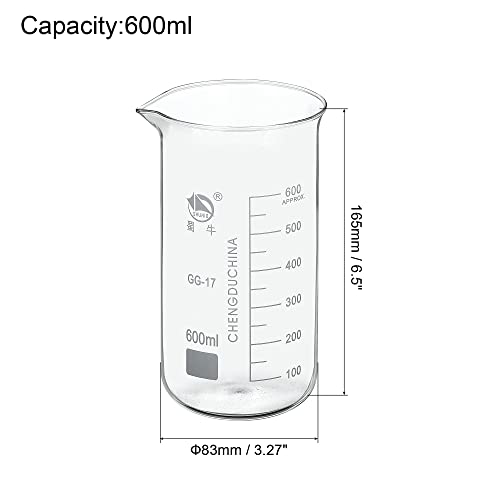 PATIKIL 600ml Tall Form Glass Beaker, 3.3 Borosilicate Glass Graduated Printed Scale Measuring Cups with Spout for Kitchen Lab Liquids Transit Boiling - size: 600ml