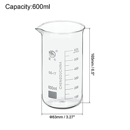 PATIKIL 600ml Tall Form Glass Beaker, 3.3 Borosilicate Glass Graduated Printed Scale Measuring Cups with Spout for Kitchen Lab Liquids Transit Boiling - size: 600ml