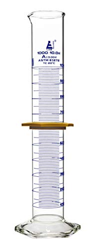 Graduated Cylinder, 1000mL - ASTM, Class A Tolerance ±3.00mL - Protective Collar, Hexagonal Base - Blue Graduations - Borosilicate 3.3 Glass - Eisco Labs - size: 1000mL