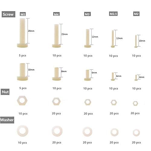 M2 M2.5 M3 M4 M5 (Total 270pcs) Nylon Screw/Nut/Washer Assortment Kit Come with Plastic Box