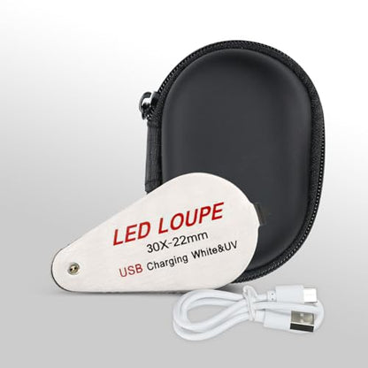 30X Loupe Magnifier USB Rechargeable 6 White and 6 UV Lights, 22mm Optical Lens Illuminated Pocket Foldable Eye Loupe Sewing Magnifying Glass for Watches, Coins, Currency, Stamps,Circuit Board
