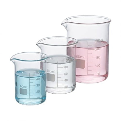 3-Piece Borosilicate Glass Beaker Set (50ml, 100ml, 250ml) Heat Safe
