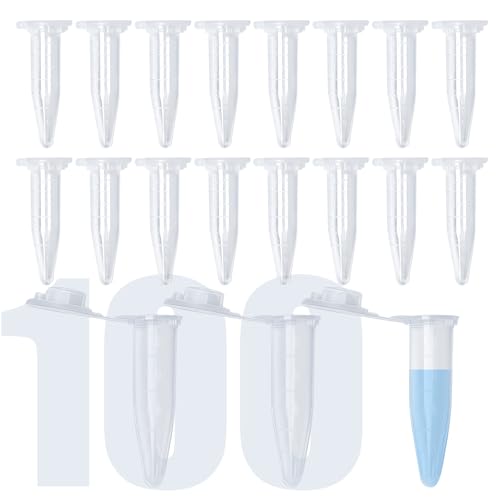 100Pcs 1.5ml Conical Centrifuge Tubes with Snap Cap, Small Sterile Microcentrifuge Tube Test Vials Plastic Sample Storage Container Clear Graduated Non-Pyrogenic, DN/RNase Free for Lab - size: 1.5ML-100PACK