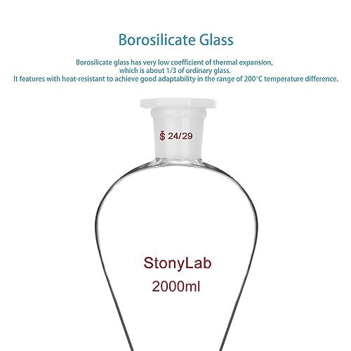 stonylab Separatory Funnel with Glass Stopcock Valve, Borosilicate Glass 24/29 Joint Funnel for Laboratory Accurate Liquid Separation, 2000 ml