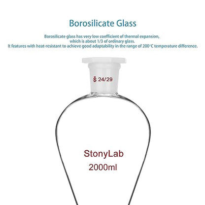 stonylab Separatory Funnel with Glass Stopcock Valve, Borosilicate Glass 24/29 Joint Funnel for Laboratory Accurate Liquid Separation, 2000 ml