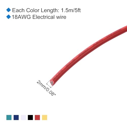 MECCANIXITY 18 Gauge PVC Hookup Wire 1.5m/5ft 18AWG Flexible Electrical Wire UL1007 Tinned Copper Stranded 6 Color, 2mm Dia for Model Aircraft Electric Appliances Internal Connect - size: 1.5m, 18AWG