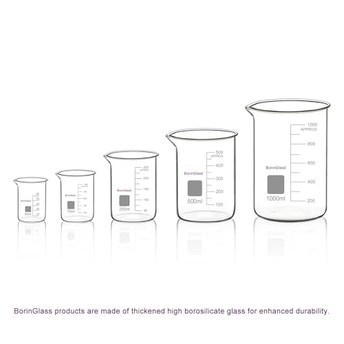 BorinGlass Measuring Beaker Set, (5 Pieces) High Borosilicate Glass Graduated Beakers in 5 Sizes, 50 ml / 100 ml / 250 ml / 500 ml / 1000 ml (1 L)