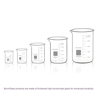 BorinGlass Measuring Beaker Set, (5 Pieces) High Borosilicate Glass Graduated Beakers in 5 Sizes, 50 ml / 100 ml / 250 ml / 500 ml / 1000 ml (1 L)