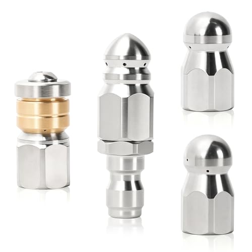 Sewer Jetter Nozzle Kit 4-Pack, Stainless Steel Drain Cleaning Tips with Rotating, Button Nose, Pointed & Corner Nozzles, 1/4'' Quick Connect, Up to 5000 PSI Pressure Washer - color: 4-Pack