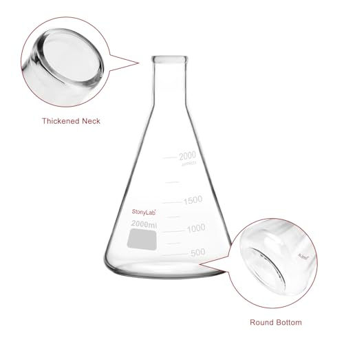 stonylab Erlenmeyer Flasks, 2 Pack 2000 ml Narrow Mouth Heavy Wall Borosilicate Glass Erlenmeyer Flask Laboratory Glassware - size: 2000 ml