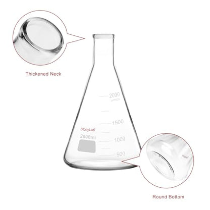 stonylab Erlenmeyer Flasks, 2 Pack 2000 ml Narrow Mouth Heavy Wall Borosilicate Glass Erlenmeyer Flask Laboratory Glassware - size: 2000 ml