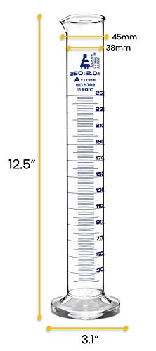 Graduated Cylinder, 250ml - Class A Tolerance ±1.00ml - Round Base - Blue Graduations - Borosilicate 3.3 Glass - Eisco Labs - size: 250mL