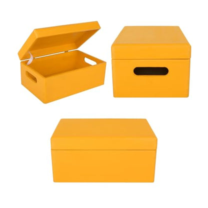 Creative Deco Large Yellow Wooden Box Storage with Hinged Lid - color: Yellow, size: L | Handles