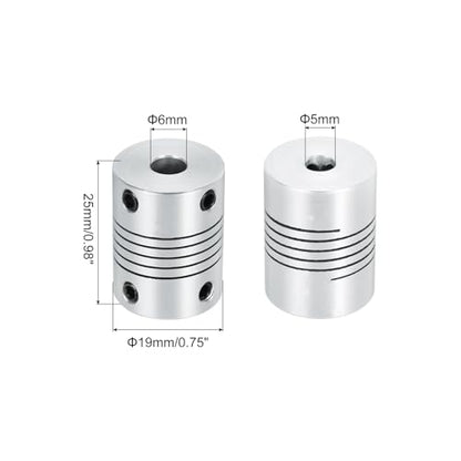 uxcell 2Pcs 5mm to 6mm Aluminum Alloy Shaft Coupling L25xD19 Flexible Coupler Beam for 3D Printer CNC Machine DIY Encoders and Motors Shaft,Silver - size: 5mm to 6mm