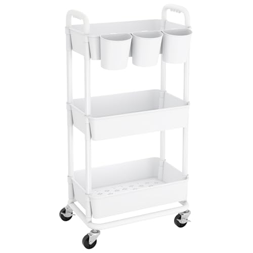 JIUYOTREE 3-Tier Plastic Rolling Storage Cart Utility Cart with Extra Hanging Cups Handles Lockable Wheels for Living Room Bathroom Kitchen Office White - color: White, size: 3-Tier