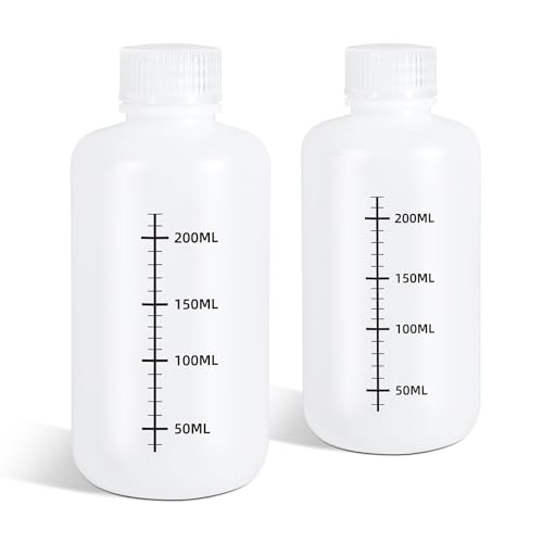 DEMORA 8oz Plastic Bottles with Airtight Caps for Liquids, Graduated Food Grade Plastic Containers, HDPE Thick Liquid Containers for Water Sample Medicine Laboratory Reagent (Translucent, 2 Pcs) - size: 8 ounces