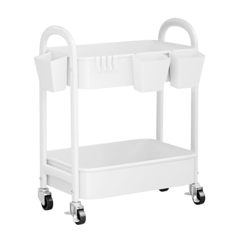 2 Tier Rolling Cart Metal with Wheels,White Under Desk Storage Roller Carts - color: Simple White, size: 2 tier
