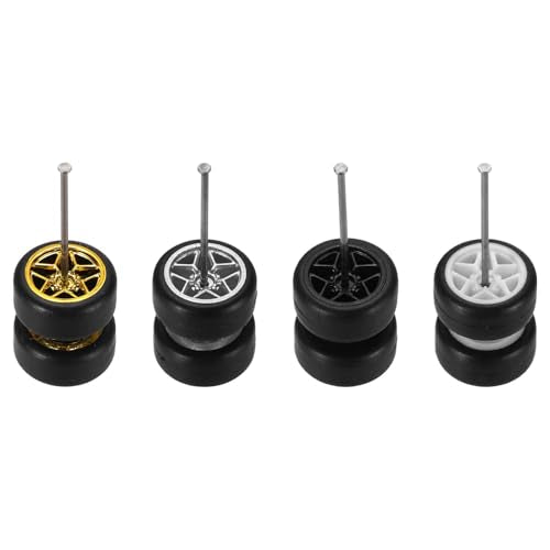 MECCANIXITY 4 Set 1/64 Wheels and Tires Set, Real Riders Rims Includes Axles for RC Diecast Car DIY Model, 5-Star Gold Silver Black White Rims 11 x 5.4mm