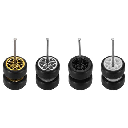 MECCANIXITY 4 Set 1/64 Wheels and Tires Set, Real Riders Rims Includes Axles for RC Diecast Car DIY Model, 5-Star Gold Silver Black White Rims 11 x 5.4mm
