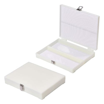 2 Pcs 100 Place Microscope Slide Storage Box, Plastic Microscope Slide Set with Iron Lock for Experiments Analyses Science, White, 8.07×6.3~6.92×1.33 Inch