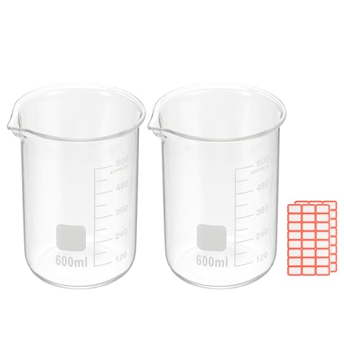 PATIKIL 600ml Glass Beaker, 2 Pack Measuring Glass Beaker Graduated Borosilicate Lab Cups Mug Low Form Heat Safe Transparent with Spout Label for Laboratory Science Kitchen Liquids - size: 600ml