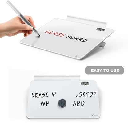 Small Glass Desktop Whiteboard Dry-Erase, Mini Pure Glassboard Clock Stand - color: Clock White